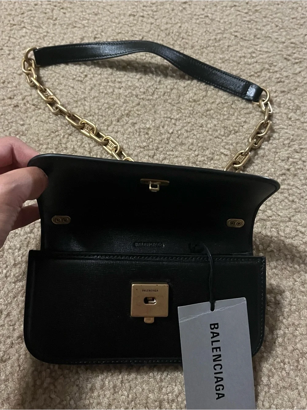 Balenciaga Black Leather Crossbody with Gold Chain and Logo